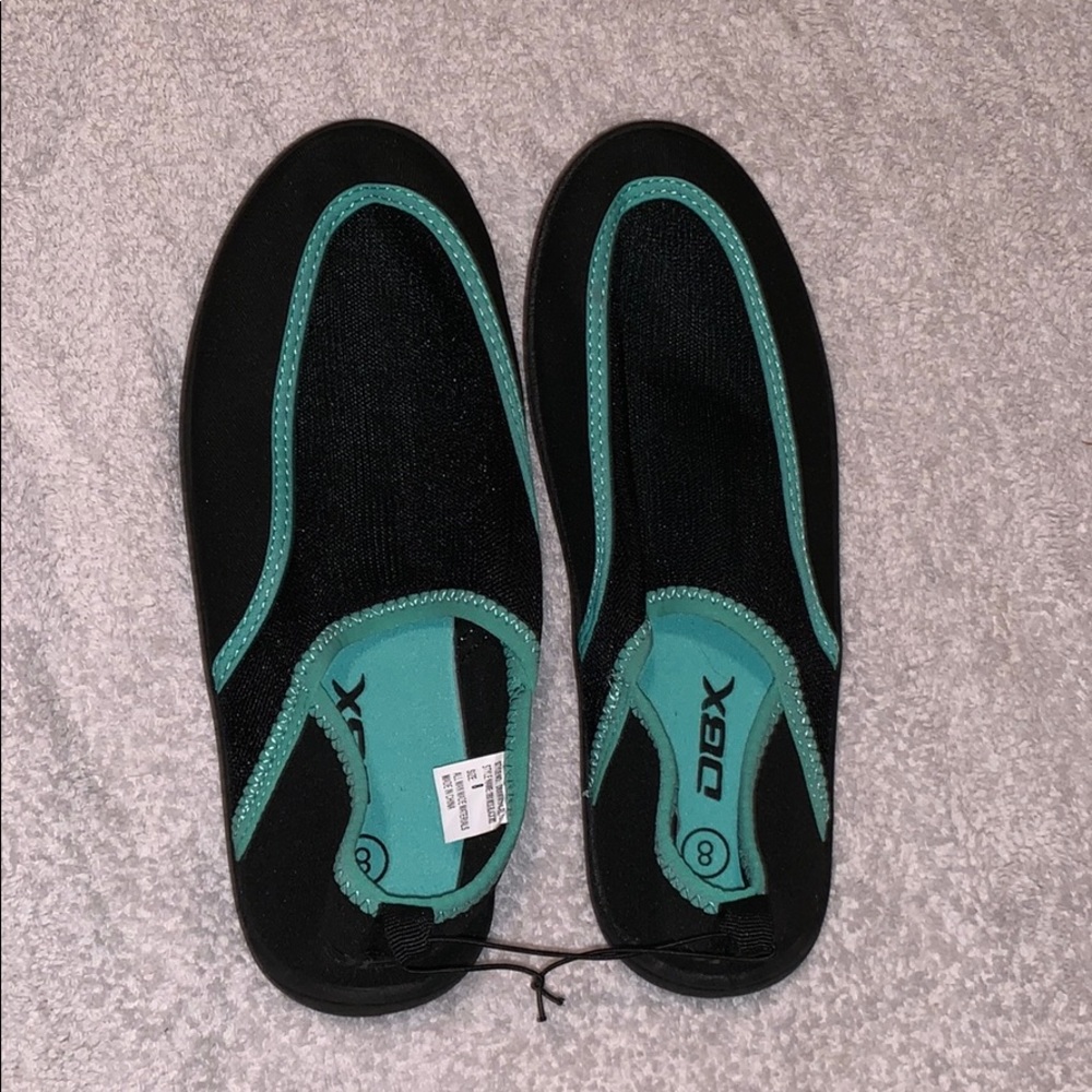 Teal and black water shoes
